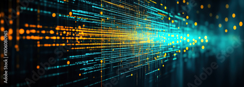Innovative artificial intelligence technology background showcasing vibrant blue and yellow lines on a dark web banner