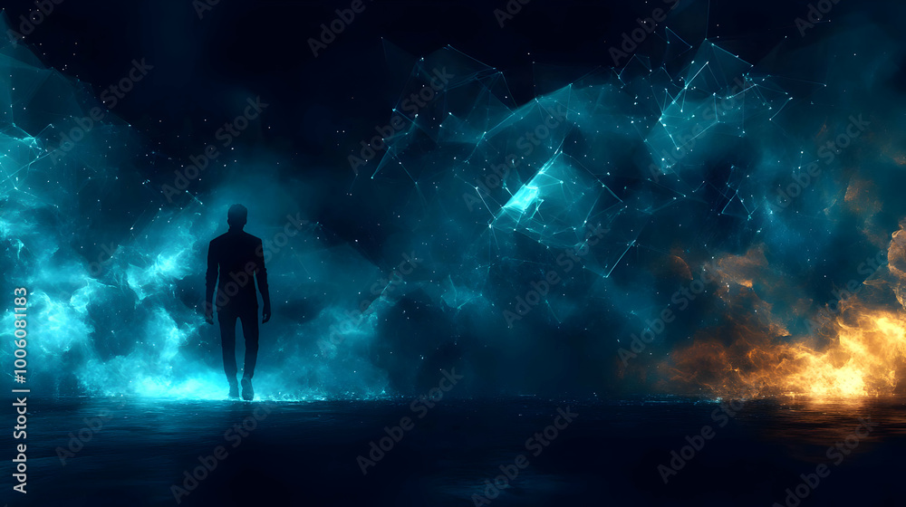 Silhouette Walking Through Digital Nebula with Fire and Blue Lights Silhouette Walking Through Digital Nebula with Fire and Blue Lights