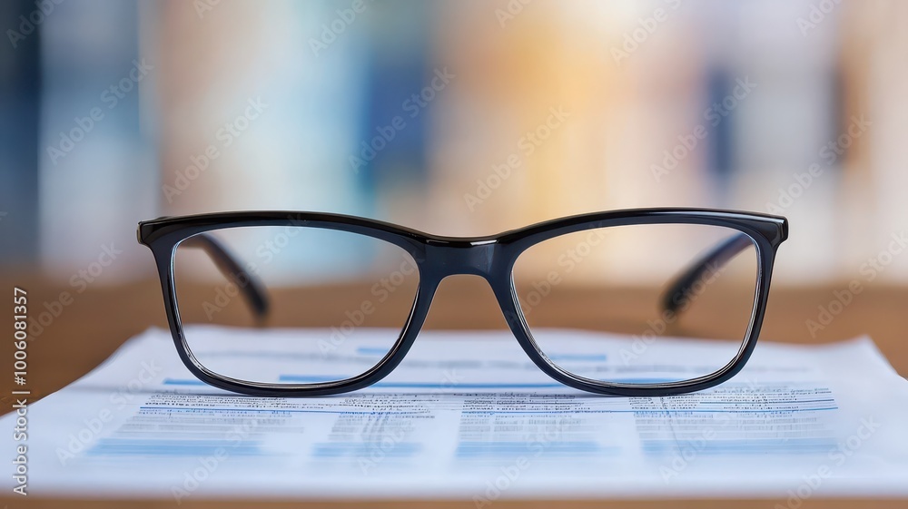 A pair of black eyeglasses is placed on a piece of paper, with a blurred background featuring soft colors and shapes. A pair of black eyeglasses is placed on a piece of paper, with a blurred background featuring soft colors and shapes.