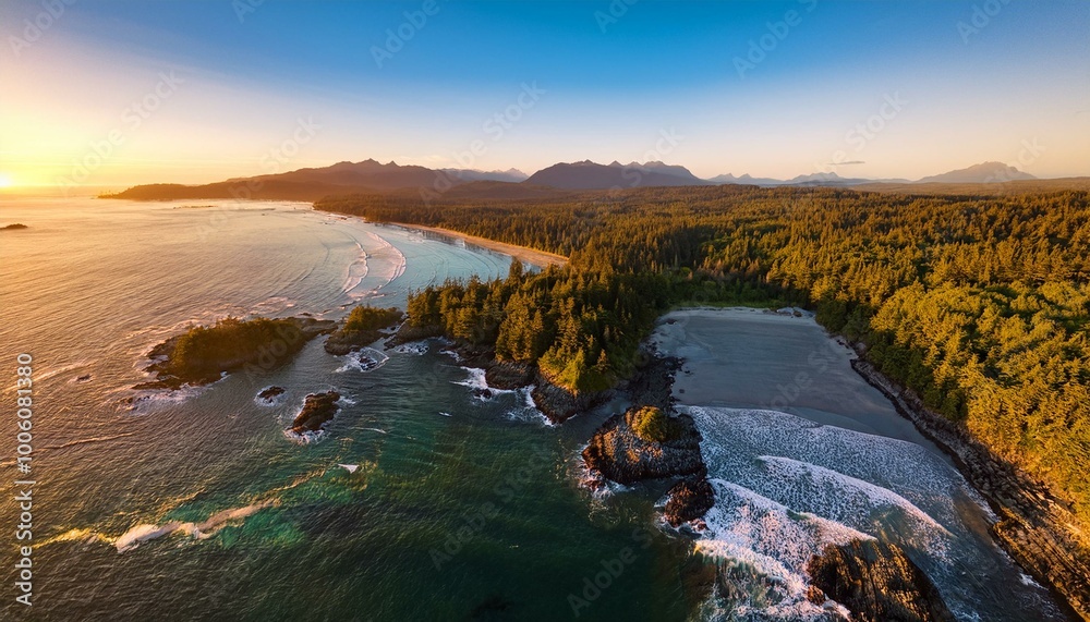 Stunning Aerial View of Tofino's Lush Greenery and Pristine Blue Waters in Vancouver Island at Sunset - Serene Coastal Landscape Stunning Aerial View of Tofino's Lush Greenery and Pristine Blue Waters in Vancouver Island at Sunset - Serene Coastal Landscape