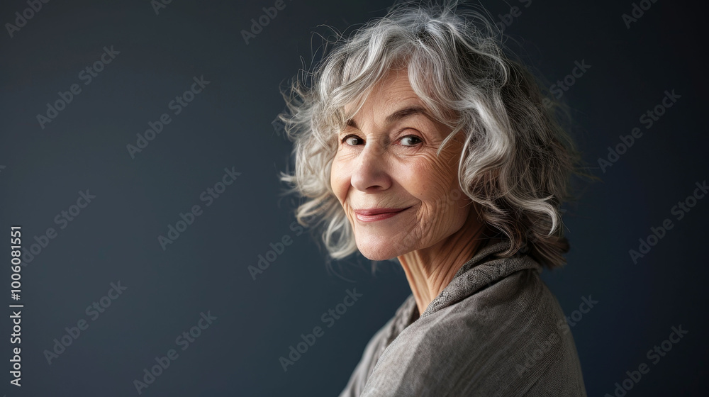 Elegant senior in their 70s with stylish salt and pepper hair against a dark background Elegant senior in their 70s with stylish salt and pepper hair against a dark background