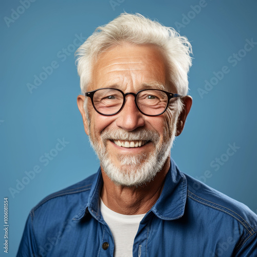 Smiling elderly man with white hair on blue background