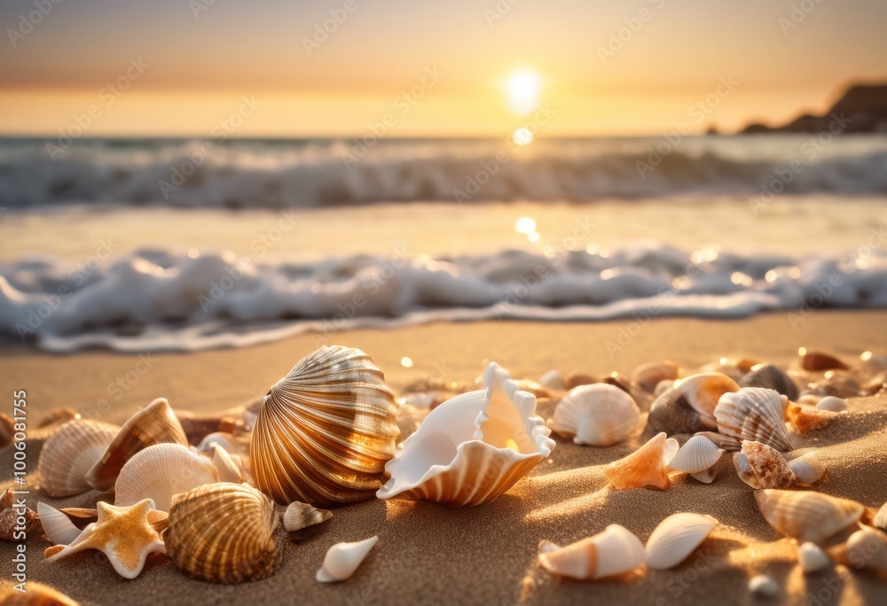 beautiful display seashells harmoniously arranged soft sandy beach tranquil ocean backdrop, coastline, shore, tropical, seaside, surf, vacation, travel