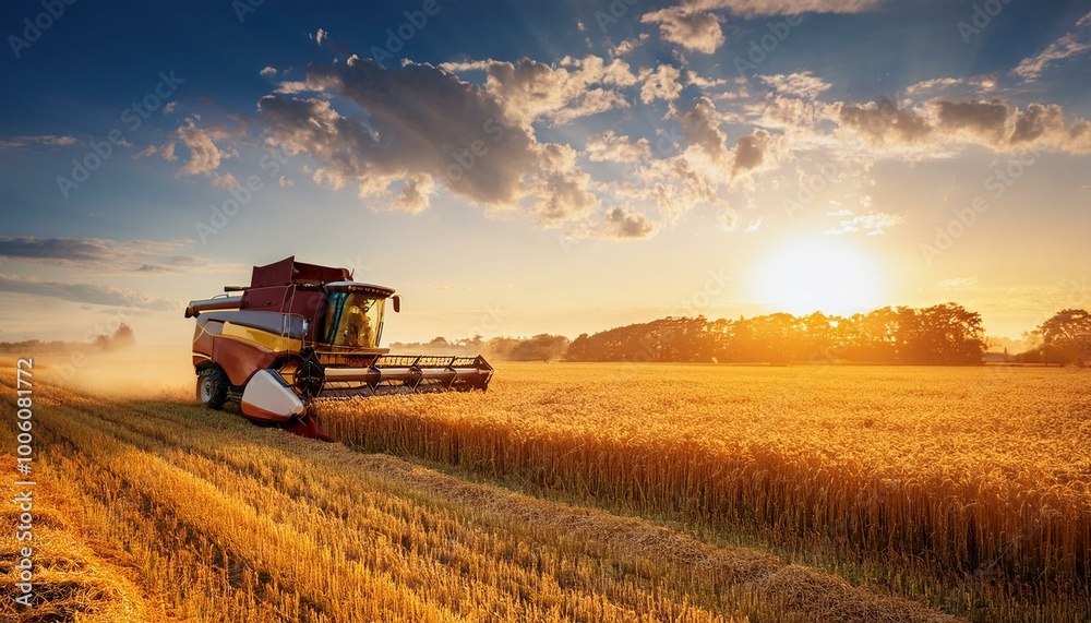 Fototapeta premium Sunset Wheat Harvesting with Combine Harvester in Golden Field, Summer Agriculture Scene, Rural Farm Landscape