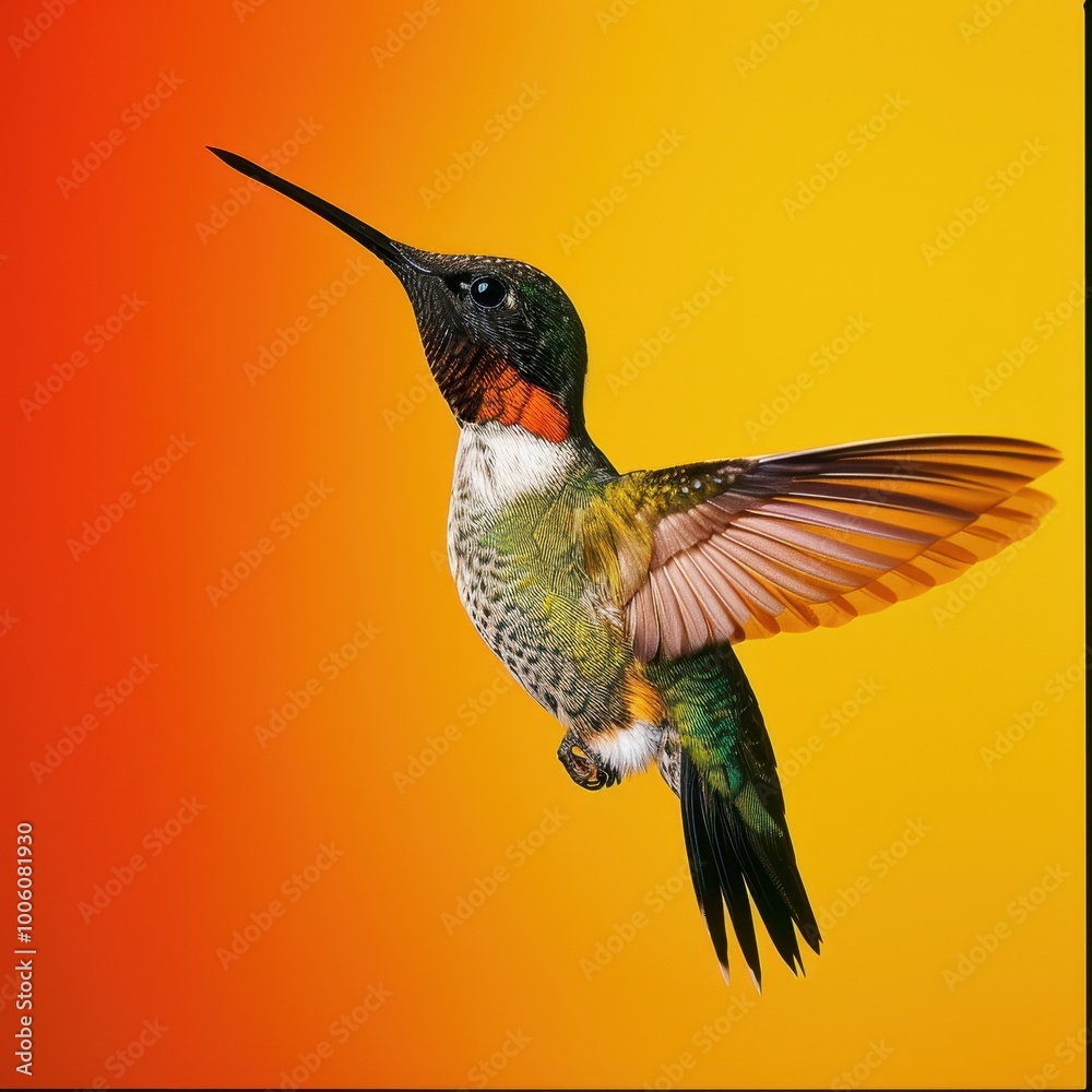 Fototapeta premium Vibrant hummingbird in studio with colorful background, showcasing detailed feathers and graceful flight