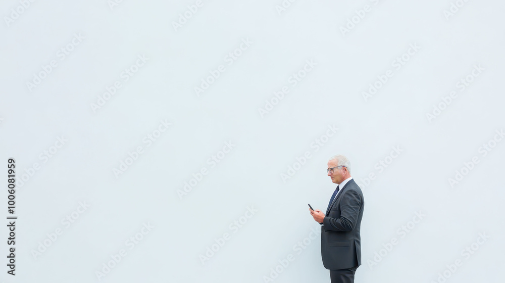 Businessman in suit talking on smartphone in front of white wall, concept of communication and professional connectivity Businessman in suit talking on smartphone in front of white wall, concept of communication and professional connectivity