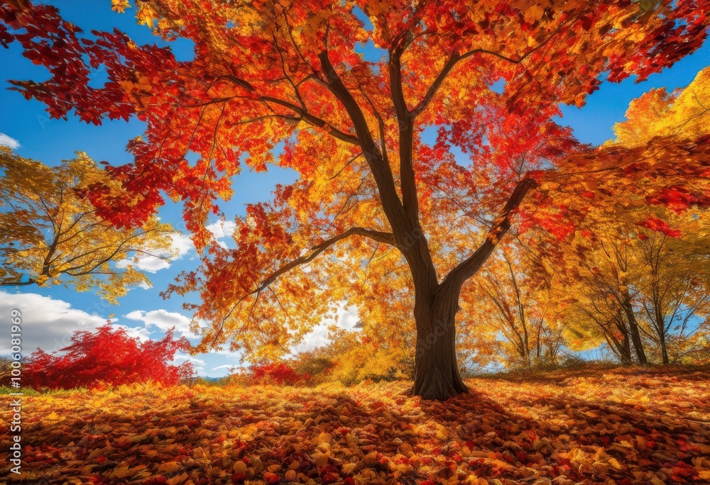 Fototapeta premium vibrant autumn foliage showcasing stunning color contrasts palette yellows clear blue sky, fall, leaves, trees, colorful, landscape, scenery, countryside