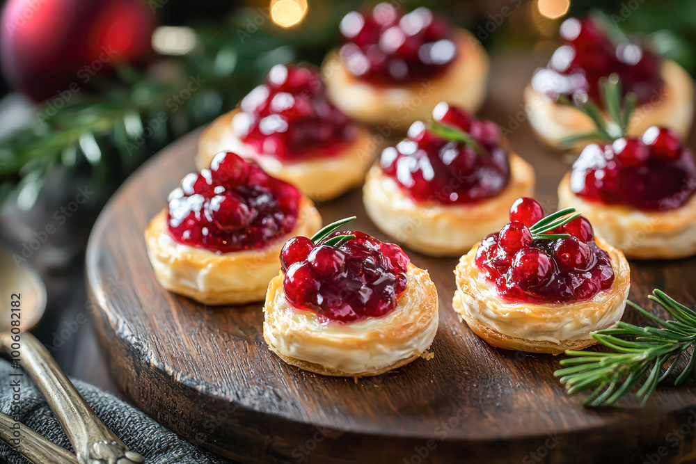 Cranberry brie bites on a wooden board in a festive setting. Cranberry brie bites on a wooden board in a festive setting.