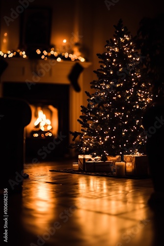 A cozy living room with a fireplace and a Christmas tree. The room is dimly lit, creating a warm and inviting atmosphere