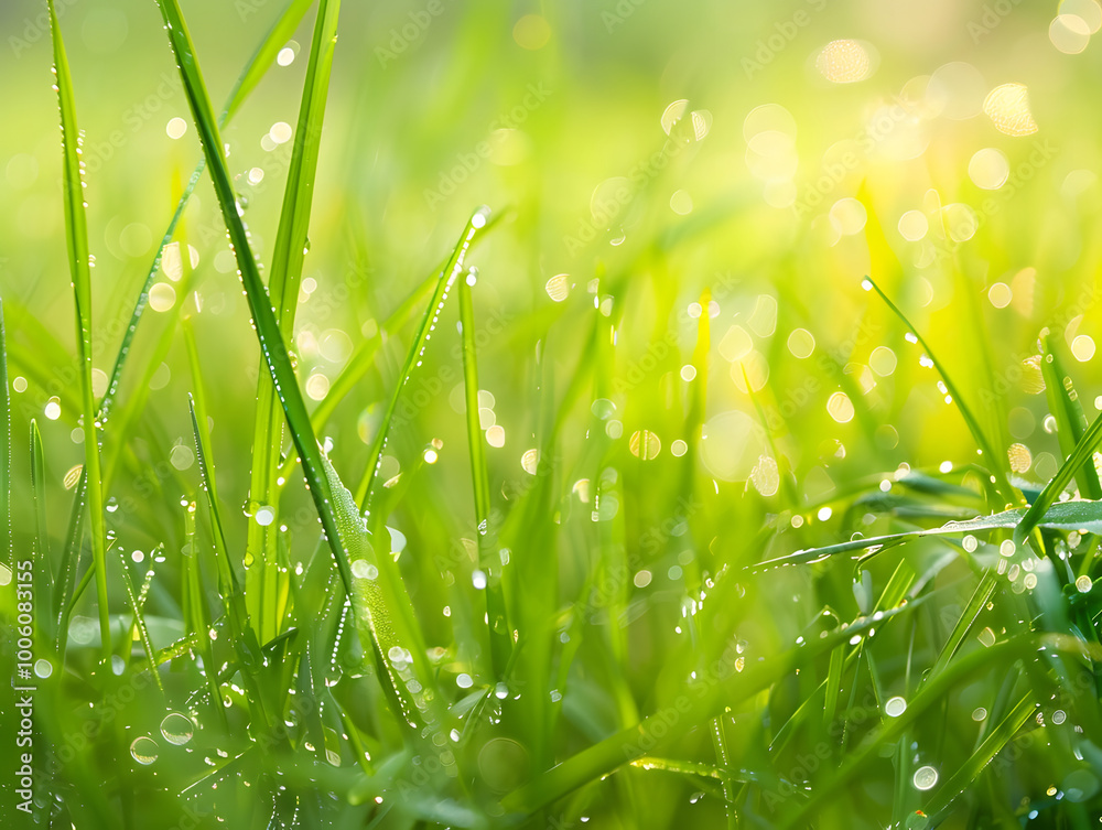 Fototapeta premium Close up of soft focus droplets of morning dew on green grass, capturing freshness and beauty of nature. sunlight creates warm, inviting atmosphere