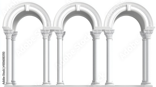 Medieval arches and columns with white marble, ancient Greek, Roman, and Arabian architectural influences and pillars, medieval archway or antique stone entrance gates, vector architecture.