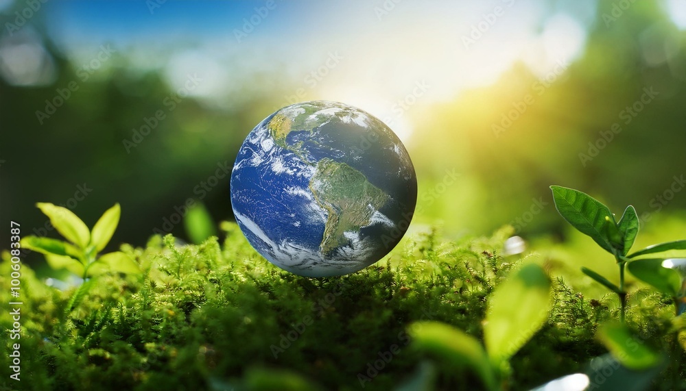 Vibrant Earth Resting on Lush Greenery in Sunlight, Symbolizing Sustainability and Environmental Conservation, Earth Day Theme Vibrant Earth Resting on Lush Greenery in Sunlight, Symbolizing Sustainability and Environmental Conservation, Earth Day Theme