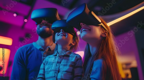 Family of three wearing virtual reality headsets and looking up in amazement