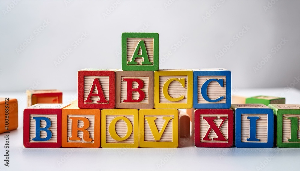 Vibrant Wooden Alphabet Blocks on White - Education, Learning, Creativity, Toy, Kindergarten, Bright Colors Vibrant Wooden Alphabet Blocks on White - Education, Learning, Creativity, Toy, Kindergarten, Bright Colors
