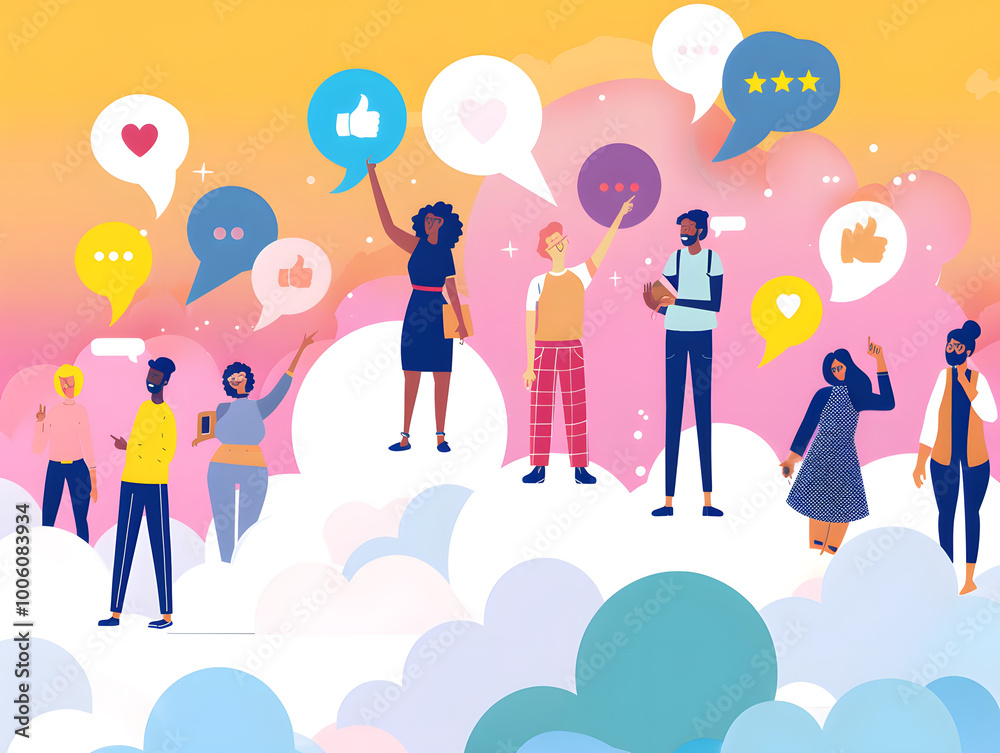 Fototapeta premium Diverse group of people expressing emotions and opinions with speech bubbles in colorful, vibrant setting. This illustration captures essence of communication and connection