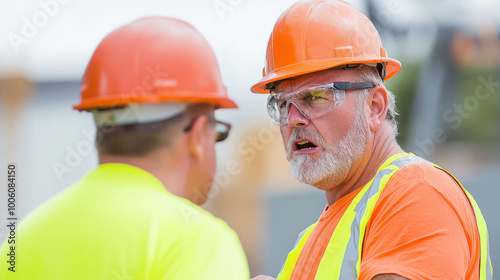 Two building contractors in a heated argument at construction site wearing hard hats and safety vests, highlighting conflict and tension in a professional setting