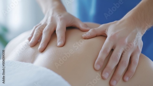 2409_187.patient lying on a massage table in a serene medical office, while a focused physiotherapist demonstrates specific massage strokes for shoulder relief