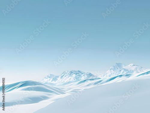 serene snow covered mountain range under clear, crisp blue sky creates tranquil winter landscape. soft curves of snow evoke sense of calm and peace