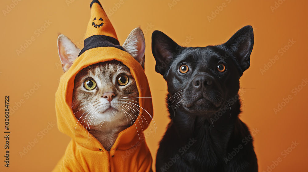 Cute Cat and Dog Wearing Halloween Costumes in Playful Friendship on Vibrant Orange Background Cute Cat and Dog Wearing Halloween Costumes in Playful Friendship on Vibrant Orange Background