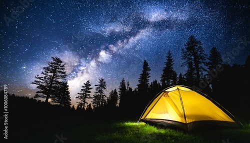 Yellow Tent Glowing Under Starry Night Sky in a Forest, Camping Adventure, Stargazing, Outdoor Escape, Peaceful Wilderness Retreat