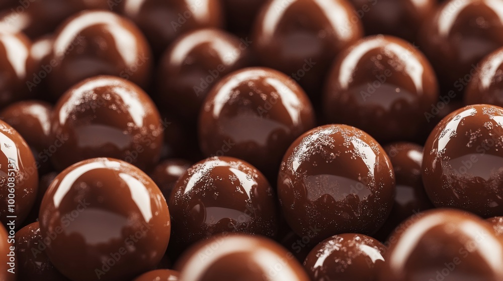 Close-up of glossy chocolate balls with shiny surface, sweet dessert concept Close-up of glossy chocolate balls with shiny surface, sweet dessert concept