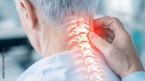 2409_200.close-up side view of a man's neck being examined by a doctor, illustrating the connection between neck and shoulder pain, with a backdrop of a clinical setting photo