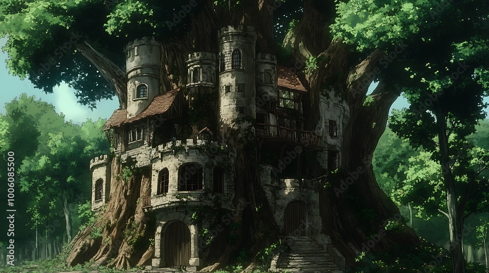 Enchanting Stone Castle Built Inside a Giant Tree. Enchanting Stone Castle Built Inside a Giant Tree.