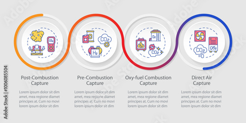 Carbon capture technology examples infographics circles sequence. Adsorption, technology. Visualization layout with 4 steps. Info chart loop process presentation. Myriad Pro-Regular font used