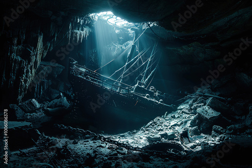 Underwater view of an sunken ship on seabed with fish swimming around