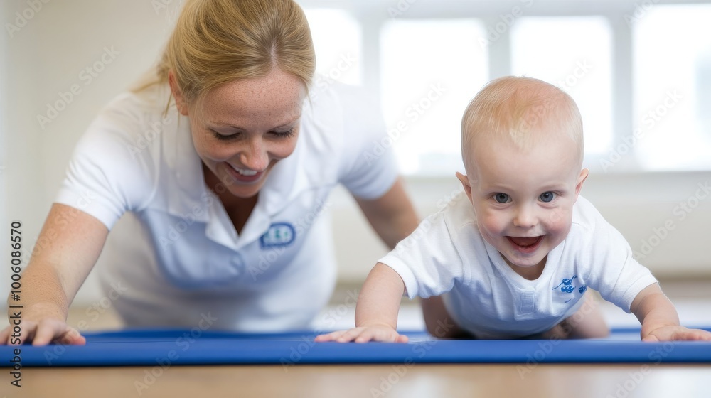 2409_244.female physical therapist guiding a young boy in a series of crawling activities on a soft mat, demonstrating techniques to enhance his coordination and strength, both looking focused 2409_244.female physical therapist guiding a young boy in a series of crawling activities on a soft mat, demonstrating techniques to enhance his coordination and strength, both looking focused