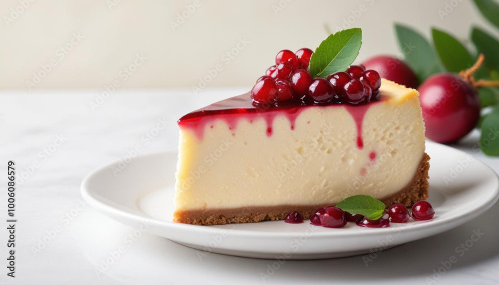 A creamy white cheesecake topped with fresh red raspberries, christmas theme, white background A creamy white cheesecake topped with fresh red raspberries, christmas theme, white background