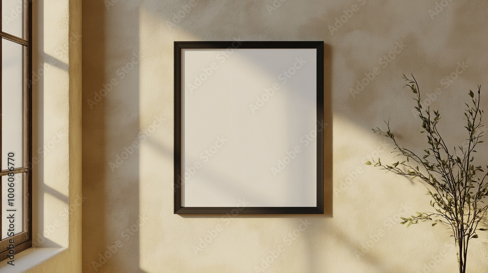 A black picture frame stands on a wooden surface against a white wall, Horizontal poster Frame Mockup hanging on wall in room, 3d rendering. A black picture frame stands on a wooden surface against a white wall, Horizontal poster Frame Mockup hanging on wall in room, 3d rendering.
