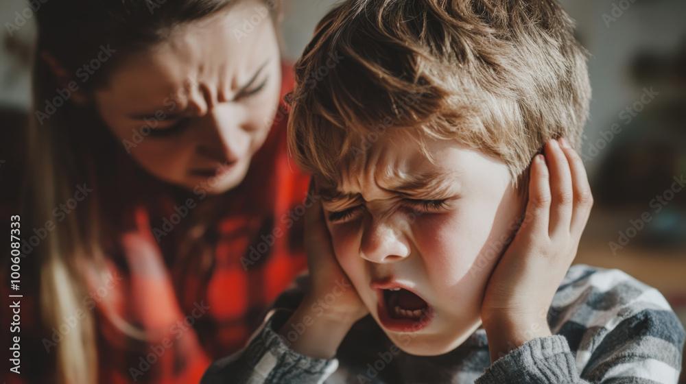 Family conflict. little boy close her ear while angry mother yelling about her stubborn Family conflict. little boy close her ear while angry mother yelling about her stubborn