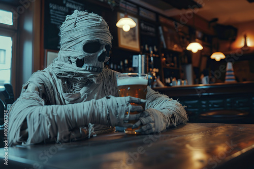 Scary sinister mummy wandering in street with dramatic lighting on celebration holiday Halloween