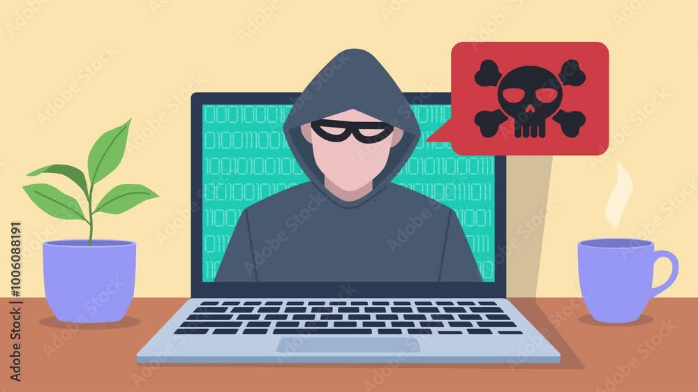 A hacker takes over a laptop. A hacker in a mask and hood appears on its screen. A speech bubble with an icon of a dead sword appears next to the character. A hacker takes over a laptop. A hacker in a mask and hood appears on its screen. A speech bubble with an icon of a dead sword appears next to the character.
