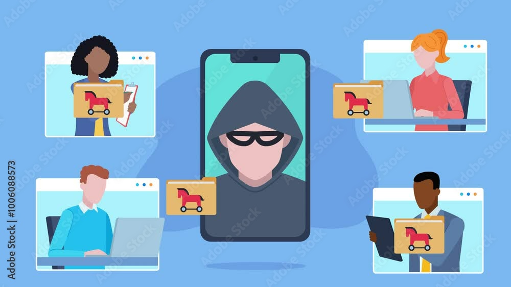A hacker logs into a company meeting on a phone screen. After a while, he starts sending files infected with a Trojan to everyone in the meeting. The devices become infected with the virus. 