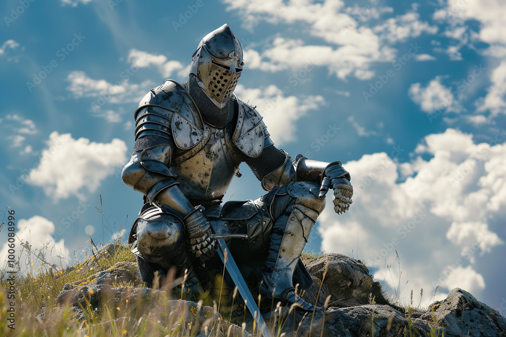 A fantastic royal knight in armor guards the castle chambers A fantastic royal knight in armor guards the castle chambers