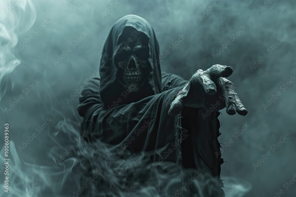 Scary grim reaper with scythe in hell on dark background with dramatic background Scary grim reaper with scythe in hell on dark background with dramatic background