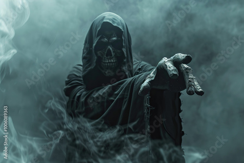 Scary grim reaper with scythe in hell on dark background with dramatic background