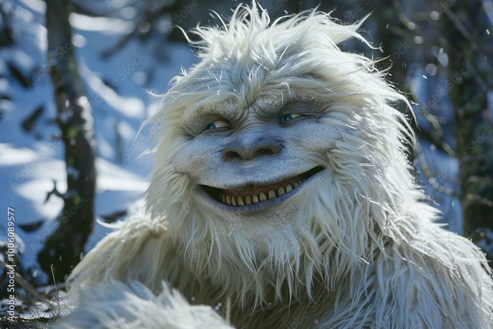 Huge fantasy yeti character in beautiful outdoor nature background