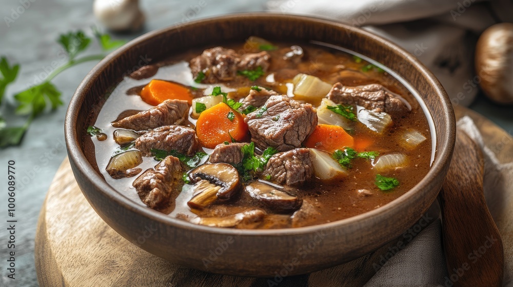 Hearty Beef Stew with Vegetables in Wooden Bowl Hearty Beef Stew with Vegetables in Wooden Bowl