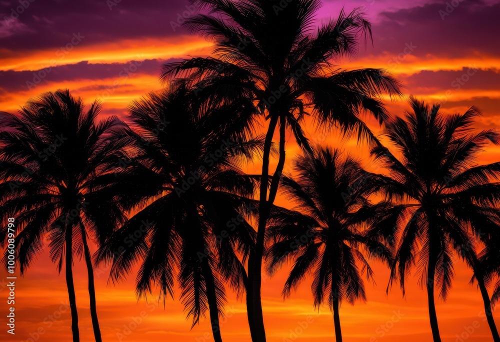 Obraz premium stunning silhouettes lush palm groves vibrant sunset, beach, coastline, dusk, evening, foliage, flowers, golden, horizon, hues, idyllic, landscape