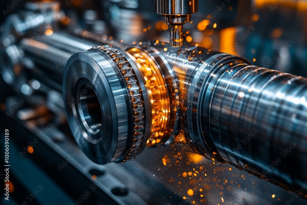Close-up of a metallic component being machined with sparks. Close-up of a metallic component being machined with sparks.