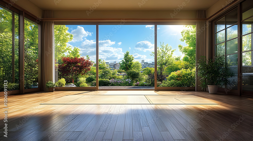 Modern Room with Sliding Doors Opening to a Lush Garden Modern Room with Sliding Doors Opening to a Lush Garden