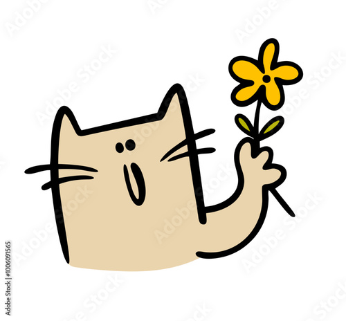Cartoon kitten holds a beautiful yellow flower in his hand. Vector illustration of an animal cat sniffing flora. A surprise gift for a women  holiday. Isolated character on white background.