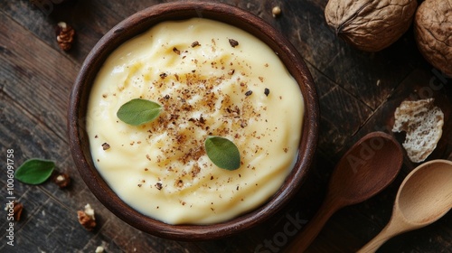 Creamy Dessert in Wooden Bowl with Spices and Herbs