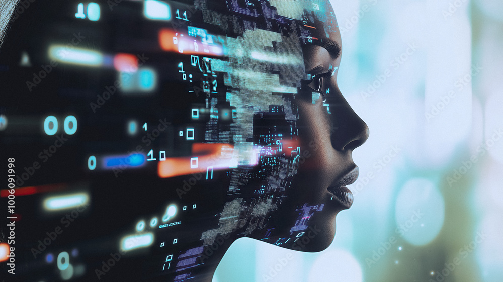 Fototapeta premium Digital human, futuristic face hologram, AI generated