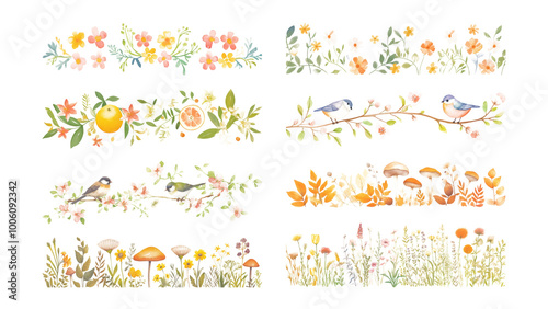 PNG watercolor nature divider element set, transparent background