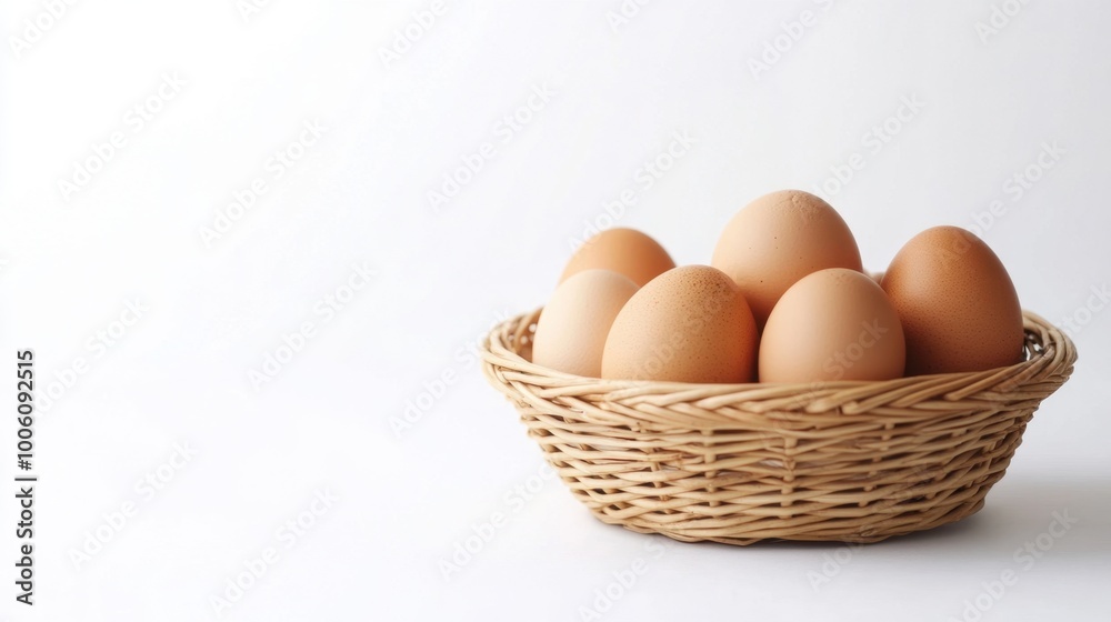 Fresh chicken eggs in a wicker basket isolated on a white background with copy space. Simple and natural presentation for food themes. Fresh chicken eggs in a wicker basket isolated on a white background with copy space. Simple and natural presentation for food themes.
