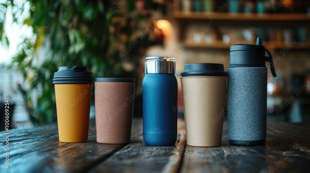 Variety of Colorful Coffee Cups on Wooden Table